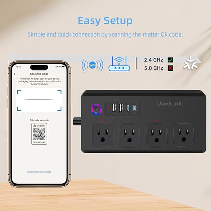Smart Power Strip, UseeLink WiFi Surge Protector Compatible with Alexa & Google Home, Smart Plug with 4 USB Ports & 4 AC Outlets, Voice and Remote Control & Timer Schedule (Matter Version-Black)