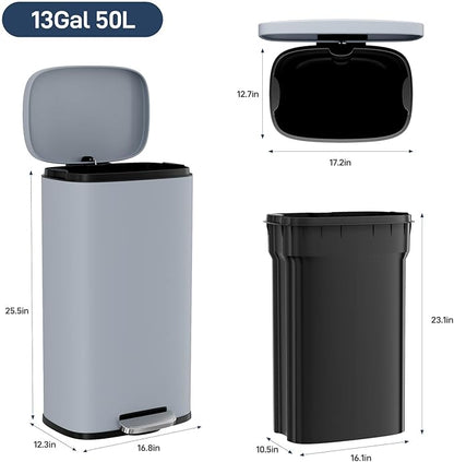 Arlopu 8/13.2 Gallon Step Trash Can, Stainless Steel Garbage Bin, Soft-Close Rubbish Bin with Removable Plastic Inner Bucket, Fingerprint-Proof, Lid Dustbin, Suit for Kitchen Home (Haze Blue, 50L)