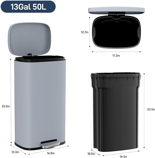 Arlopu 8/13.2 Gallon Step Trash Can, Stainless Steel Garbage Bin, Soft-Close Rubbish Bin with Removable Plastic Inner Bucket, Fingerprint-Proof, Lid Dustbin, Suit for Kitchen Home (Haze Blue, 50L)