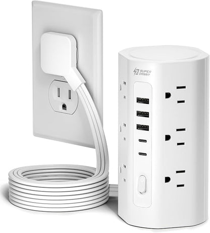 SUPERDANNY Tower Power Strip, 6.5Ft Extension Cord, 1700J,12 AC 5 USB,White | 3 USB A, 2 USB C, Surge Protector Power Tower, Flat Plug, Desk Charging Station with Multiple Outlets, Home Office Dorm Room