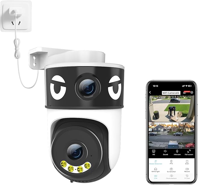 Luovisee Dual Lens Security Camera Outdoor/Indoor,Wired Camera for Home Security for Plug-in 24/7 Continuous Recording,360° View Pan/Tilt,Siren Alarm,Two Way Audio,2.4GHz Wi-Fi