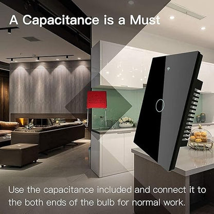 MOES Touch Wall Single Live Wire Smart Switch，No Neutral Wire Needed, 2.4GHz WiFi RF433 Light Switch Works with Smart Life/Tuya App, Alexa and Google Home, Single Pole 110V, Black 1 Gang