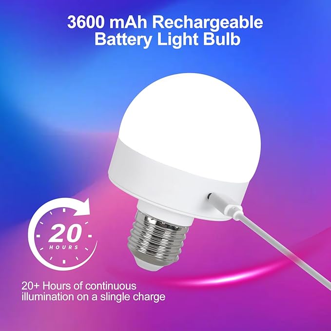 Rechargeable Light Bulbs with Remote Control, 3600mAh E26 Base Battery OperatedLED Bulb for Lamp Sconce, 300LM 15 RGB Lights Dimmable Timer Wireless Magnetic Led Light Bulb, 1 Pcs