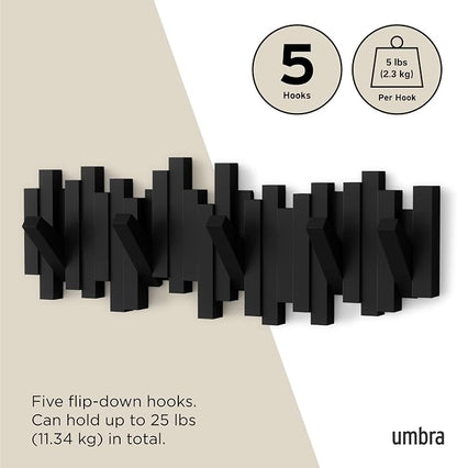 Umbra Sticks Wall Mount Coat Rack, 5 Hook Retractable Pegs, Black | Mounting hardware included, sculptural modern design, entryway or bedroom use, recycled plastic