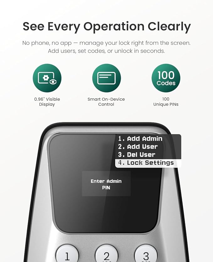 DESLOC C100 Plus Smart Lock with keypad, Built-in WiFi, Visual Display | Keyless Entry Deadbolt with App Control, 100 PIN Codes, IP54 Waterproof, For home & Rental Use, BHMA Grade 3,Silver