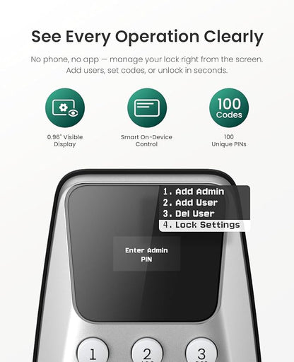 DESLOC C100 Plus Smart Lock with keypad, Built-in WiFi, Visual Display | Keyless Entry Deadbolt with App Control, 100 PIN Codes, IP54 Waterproof, For home & Rental Use, BHMA Grade 3,Silver