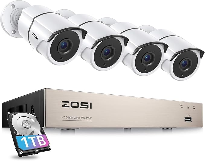 ZOSI 3K Lite 8CH Home Security System with 1TB HDD, AI Human/Vehicle Detection, 4pcs 1080P Weatherproof Outdoor Cameras, Night Vision, One Way Audio, H.265+ 8 Channel DVR for 24/7 Recording