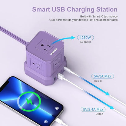 Power Strip with USB, 10 FT Flat Extension Cord with 5 Outlets, 2 USB-C & 2 USB-A, Compact Desk Charging Station for Home Office, Dorm, Hotel, Travel, 700J Surge Protection