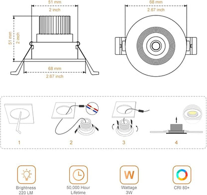 2Inch LED Recessed Ceiling Light, 3W Dimmable LED Downlight, 60 Beam Angle COB Recessed Lights with Driver, Warm White 3000K-3500K, 25W Halogen Bulbs Equivalent for Ceiling Lighting, Silver 1Pack