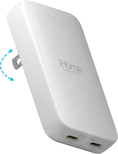 iHome GaN Universal Charger, USB C Block with Power Delivery, Folding Prongs, Travel Friendly, Compact for Phone, Tablet, and USB-C Devices (White, 65W)