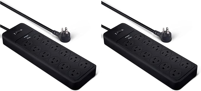 Amazon Basics 12-Outlet Surge Protector Power Strip, 4000 Joules, 8ft Extension Cord, Rectangle, for Home, Office, Gaming Room, Black (Pack of 2)