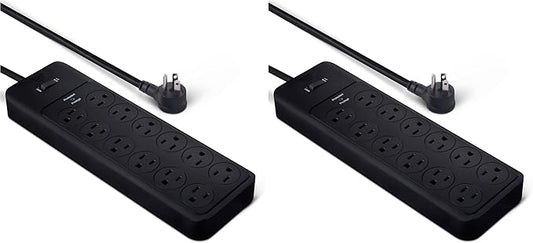 Amazon Basics 12-Outlet Surge Protector Power Strip, 4000 Joules, 8ft Extension Cord, Rectangle, for Home, Office, Gaming Room, Black (Pack of 2)