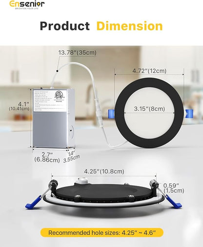 Ensenior 6 Pack 4 Inch LED Recessed Light, Dimmable, 2700K-5000K 5CCT, 750LM High Brightness, 9W 120V, Damp Rated, Ultra-Thin Canless Wafer Light, Black - ETL & FCC & IC