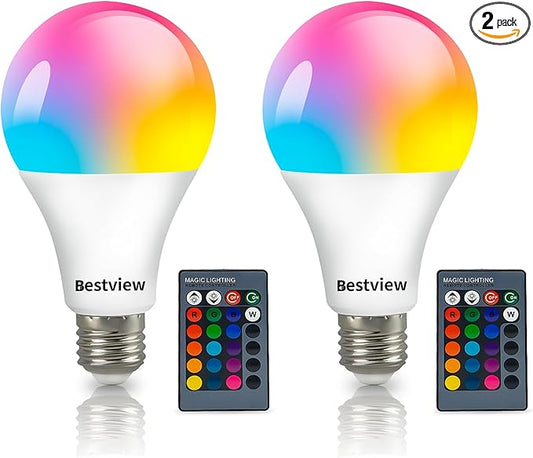 Bestview RGB Color Changing Light Bulbs with Remote Control, RGBW Warm White 5W E27 Screw Base,Mood Flood E26 Light Bulb-16 Color Choices for Home Party Bedroom (2 Pack)