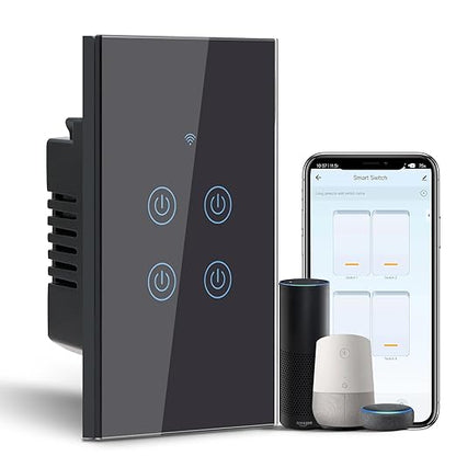 BSEED Smart Light Switch, 4 Gang WiFi Alexa Light Switch with Remote APP Control and Timing Function, Single Pole Black Light Switches Work with Alexa, Google Assistant, Voice Control, Group Control