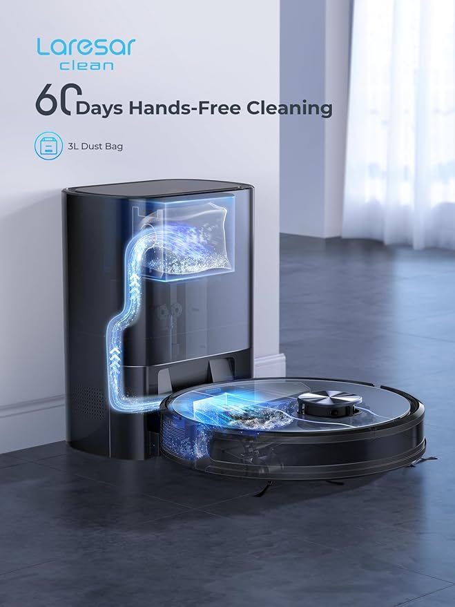 Laresar Clean Robot Vacuum and Mop, 8000Pa Robotic Vacuum with Self-Emptying Base, Lidar Navigation, Smart Mapping, 60 Days Capacity, 180mins Runtime, Ideal for Pet Hair, Hard Floor, Carpets