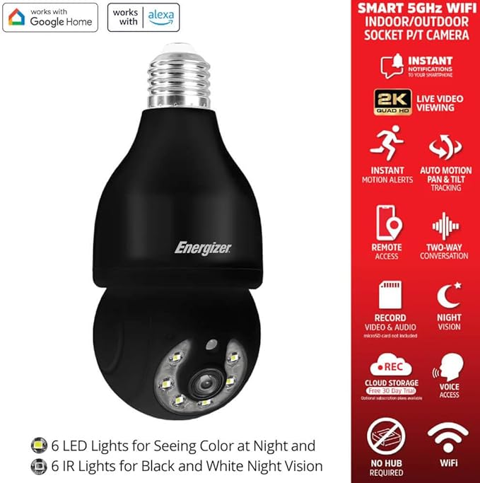Energizer Smart Outdoor 2K QHD Security Socket Camera, 5GHz & 2.4 GHz Dual Band, Pan & Tilt Motion Tracking, 2-Way Audio, Night Vision, Recording, Instant Alerts, Voice Control with Google & Alexa,
