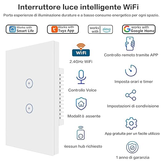 Jinvoo WiFi Wall Light Touch Panel Switch, 2 Way, Remote Control by Smart Phone,No Hub Required, Compatible with Tuya Smart Life app AC 120V Works with Amazon Echo Google Home White 1 Gang ETL Listed