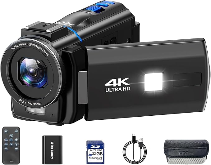 Video Camera Camcorder 4K 30fps 48MP with IR Night Vision, 16X Digital Zoom Cam Corder 3.0" 270° Rotation Touch Screen Video Recorder for YouTube with Remote Control, Battery, 32GB SD Card