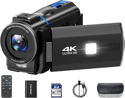 Video Camera Camcorder 4K 30fps 48MP with IR Night Vision, 16X Digital Zoom Cam Corder 3.0" 270° Rotation Touch Screen Video Recorder for YouTube with Remote Control, Battery, 32GB SD Card