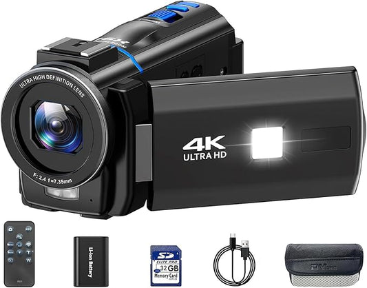 Video Camera Camcorder 4K 30fps 48MP with IR Night Vision, 16X Digital Zoom Cam Corder 3.0" 270° Rotation Touch Screen Video Recorder for YouTube with Remote Control, Battery, 32GB SD Card