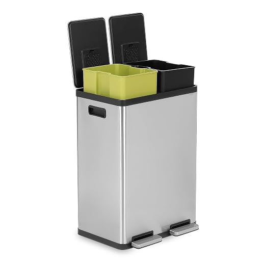 Simpli-Magic 16 Gallon (60L) Dual Compartment Step Trash Can – Kitchen Garbage Can with Waste & Recycling Bins – Slow-Close Lid, Odor Control, Hands-Free, Inner Bases, Premium Stainless Steel