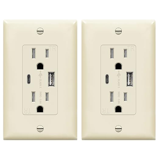TOPGREENER 2-Port USB Outlet, 4.2A Type C USB Wall Outlet, Light Almond | USB Receptacle, 15 Amp TR Receptacle Plug, Charging Power Outlet with USB C&A Ports, Wall Plate Included,TU21536AC-LA,2 Pack