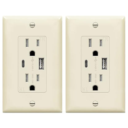 TOPGREENER 2-Port USB Outlet, 4.2A Type C USB Wall Outlet, Light Almond | USB Receptacle, 15 Amp TR Receptacle Plug, Charging Power Outlet with USB C&A Ports, Wall Plate Included,TU21536AC-LA,2 Pack