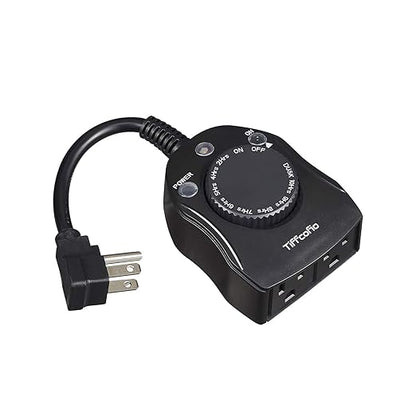 TiFFCOFiO Outdoor Timer Outlet, Dusk to Dawn Light Sensor Timer Weatherproof, 2 Grounded Outlets for Halloween and Christmas Lights, 15A 1/2HP, ETL Listed
