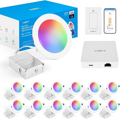 Xsky Smart Recessed Lighting 6 inch 12 Pack Dimmer Switch and Matter Bridge Include, Zigbee 3.0 Matter Light, RGBCW Color Changing, Dimmable Downlight, Alexa/Google/Siri/Home Assistant Compatible