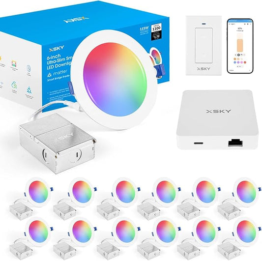 Xsky Smart Recessed Lighting 6 inch 12 Pack Dimmer Switch and Matter Bridge Include, Zigbee 3.0 Matter Light, RGBCW Color Changing, Dimmable Downlight, Alexa/Google/Siri/Home Assistant Compatible