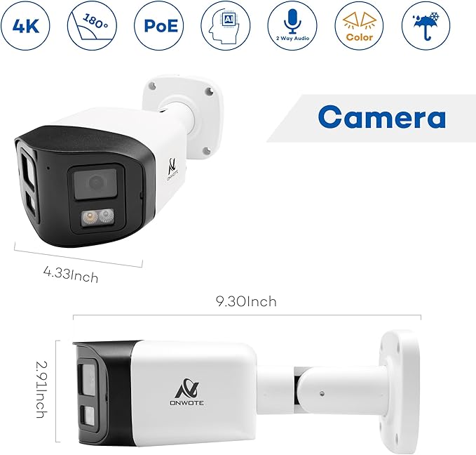 ONWOTE 180° Dual-Lens 4K 8MP PoE IP Security Camera, 2 Way Audio, AI Human Vehicle Detection Trigger Color Night Vision, Indoor/Outdoor, Commercial Wired Camera for Business, Add-on to PoE NVR System