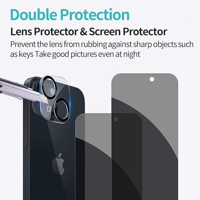 PEHAEL 2+2 Pack for iPhone 15 Privacy Screen Protector with Camera Lens Protector Full Coverage Anti-Spy Tempered Glass Film 9H Hardness Easy Installation Bubble Free [6.1 inch]