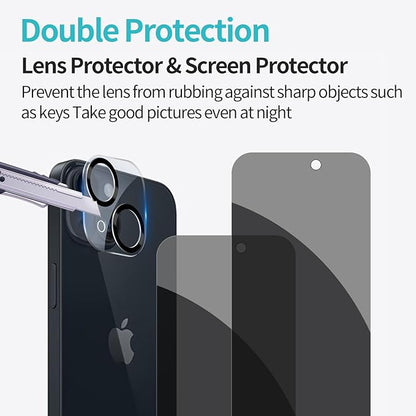 PEHAEL 2+2 Pack for iPhone 15 Plus Privacy Screen Protector with Camera Lens Protector Full Coverage Anti-Spy Tempered Glass Film 9H Hardness Easy Installation Bubble Free [6.7 inch]