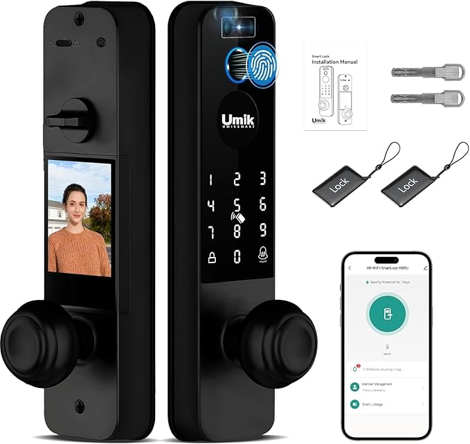 UMIKSMART Video Smart Door Lock with Camera, 3D Face Recognition & Fingerprint, WiFi Keyless Entry Deadbolt, Doorbell, Keypad, Tuya App Control for Home & Apartment, Black