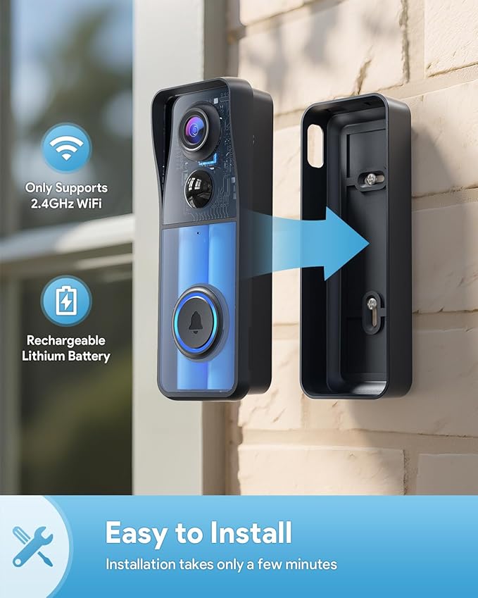 AUE Doorbell Camera Wireless, 2K HD Video Doorbell with Ring Chime, Battery Operated, Night Vision, 2-Way Audio, PIR Motion Detection, 2.4Ghz WiFi, IP66 Waterproof, Compatible with Alexa