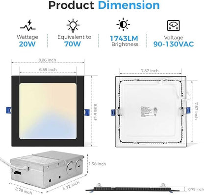 HONZIN 2 Pack 8 Inch Square LED Recessed Lighting, Ultra-Thin Canless Ceiling Light, 5CCT Selectable 2700K/3000K/3500K/4000K/5000K, 20W Dimmable, IC Rated with Junction Box, Black Trim