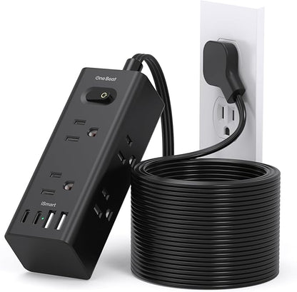 20Ft Extension Cord with Multiple Outlets, Flat Plug Power Strip Surge Protector with 20 Ft Long Cord, 6 Outlet 4 USB Ports (2 USB C), Multi Outlet Wall Plug for College, Dorm Room Essentials(Black)