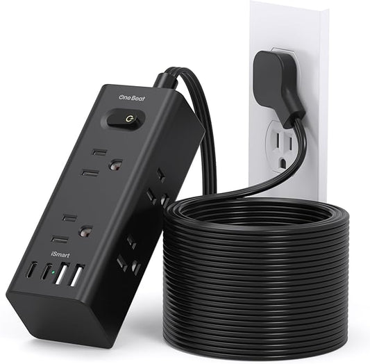 20Ft Extension Cord with Multiple Outlets, Flat Plug Power Strip Surge Protector with 20 Ft Long Cord, 6 Outlet 4 USB Ports (2 USB C), Multi Outlet Wall Plug for College, Dorm Room Essentials(Black)