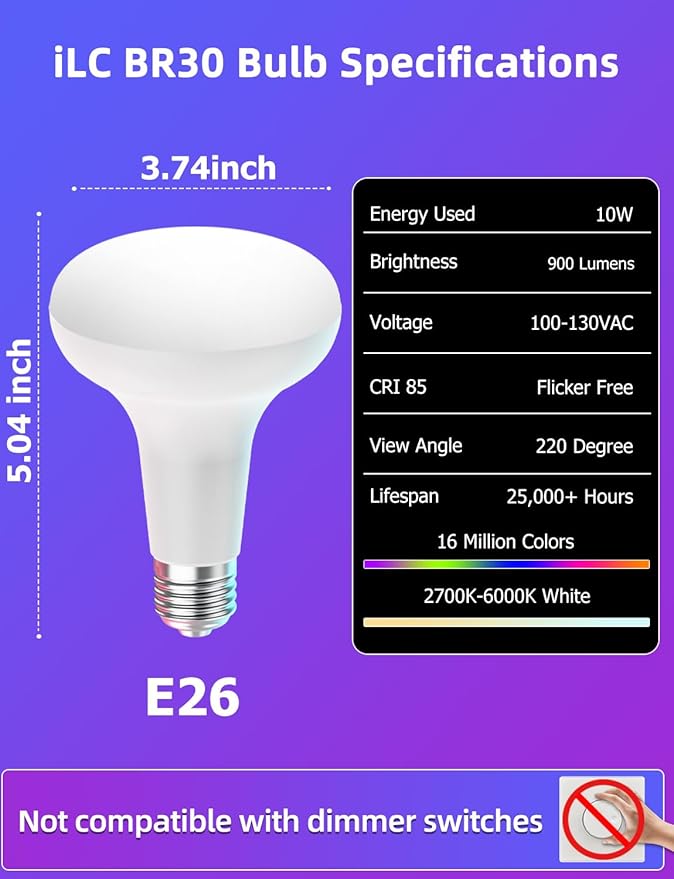 12 Pack BR30 LED Recessed Can Light Bulbs, 16 Million RGB Color Changing, BRmesh APP Bluetooth Control, 2700K-6000K Tunable White, E26 Base 10W 900LM (75W Equiv.), Fits 5"/6" Indoor Cans Only