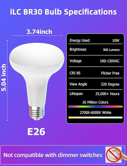 12 Pack BR30 LED Recessed Can Light Bulbs, 16 Million RGB Color Changing, BRmesh APP Bluetooth Control, 2700K-6000K Tunable White, E26 Base 10W 900LM (75W Equiv.), Fits 5"/6" Indoor Cans Only