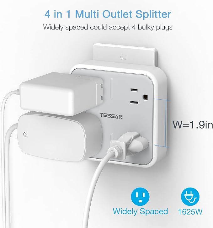 TESSAN Multi Plug Outlet Extender, Surge Protector Splitter | Multiple Outlet Wall Plug with 4 Outlets Wall Charger, Multiple Expander for Travel, Home, College Dorm Room, Gray