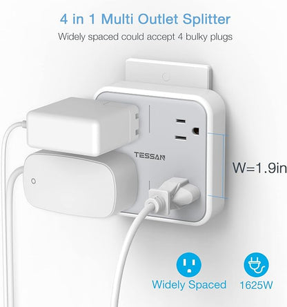TESSAN Multi Plug Outlet Extender, Surge Protector Splitter | Multiple Outlet Wall Plug with 4 Outlets Wall Charger, Multiple Expander for Travel, Home, College Dorm Room, Gray