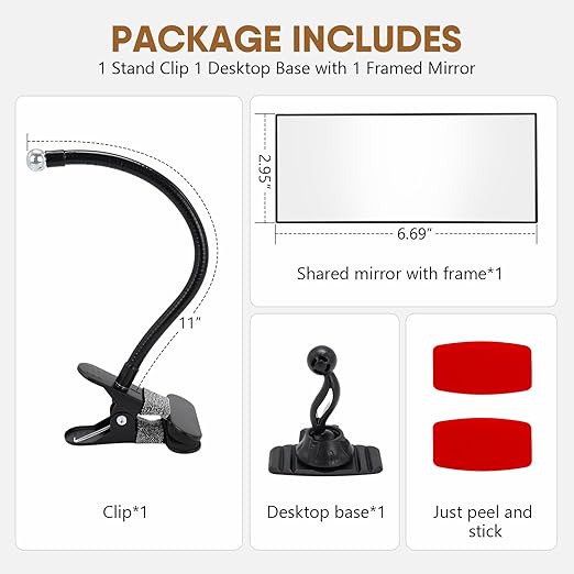 Clip On Security Mirror Stick-On Office Desk Mirror for Personal Safety Desk Rear View Monitor Computer Cubicle Cabinet Workstation Security Gooseneck (6.69"x2.95" 2 Brackets 1 Framed)