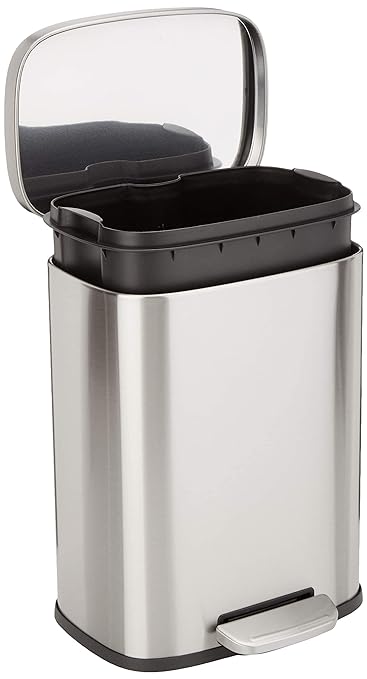 Amazon Basics SMALL Trash Can, 3.1 Gallon (12L), Smudge Resistant Rectangular Bin with Soft-Close Lid, Step Foot Pedal, Removable Inner Bucket, Brushed Stainless Steel, Satin Nickel Finish