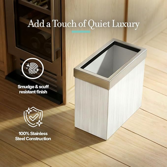 Gatco Small Bathroom Trash Can with Lid, Rectangle 3 Gallon Wastebasket, Under Sink, White Oak with Satin Nickel, for Bathroom, Bedroom, Office (1943SN)