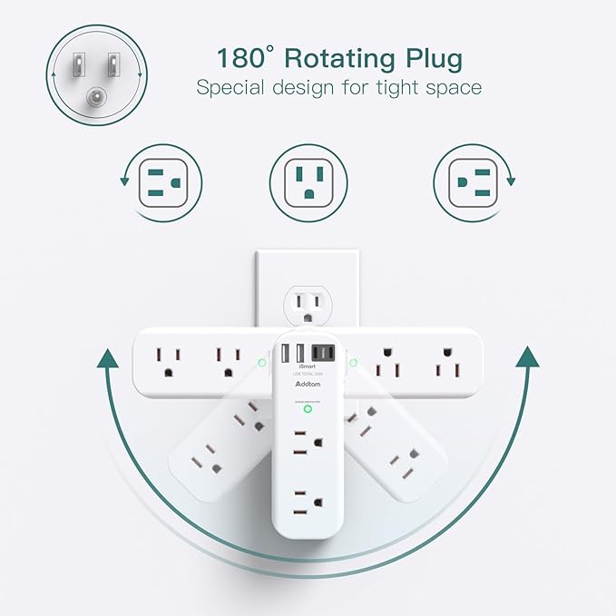 Addtam 30W USB C Outlet Extender Surge Protector, Rotating Plug, 6 AC Outlets Splitter, 4 USB Ports (2 USB-C), 1800J Wall Mount Power Strip, 3-Side Multi Plug for Dorm, Travel Essentials
