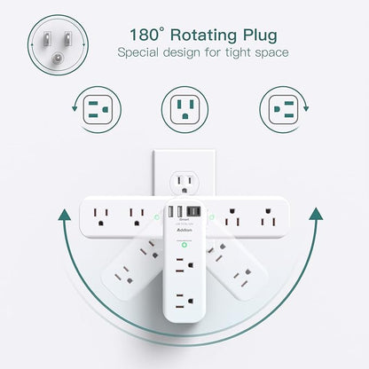 Addtam 30W USB C Outlet Extender Surge Protector, Rotating Plug, 6 AC Outlets Splitter, 4 USB Ports (2 USB-C), 1800J Wall Mount Power Strip, 3-Side Multi Plug for Dorm, Travel Essentials