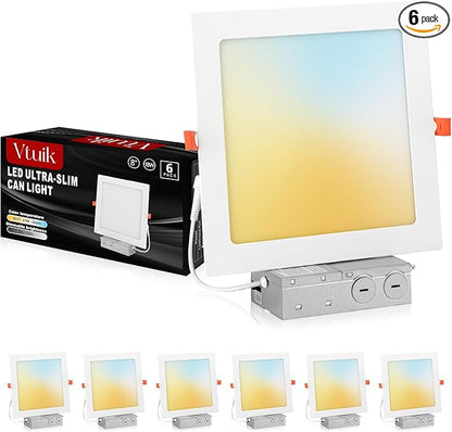 6 Pack 8 Inch Square LED Recessed Ceiling Light 5CCT 2700K - 5000K for Kitchen Retrofit, Ultra Thin Canless Wafer Downlight Damp Rated for Bathroom, 18W Dimmable 1440LM for Basement ETL FCC