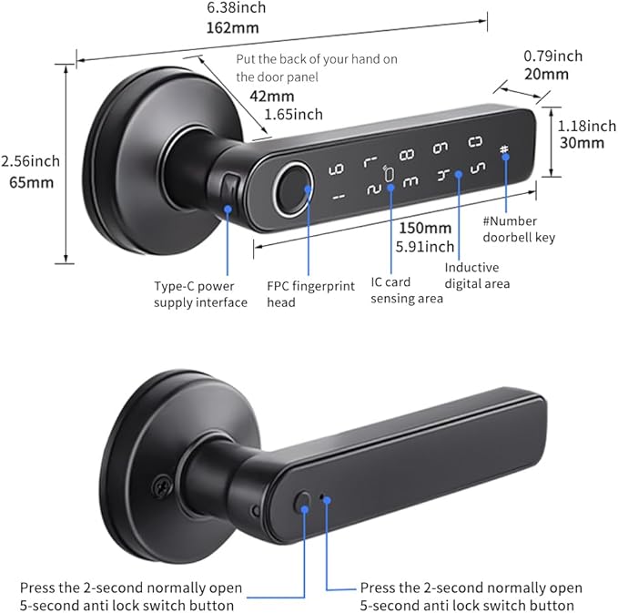Smart Biometric Fingerprint Door Lock System,Tuya&Smartlife APP Bluetooth Digital Handle Lock,Keyless Entry Door Lock Home Security,for bedrooms,Families,Hotels,Offices,Apartments (Black)